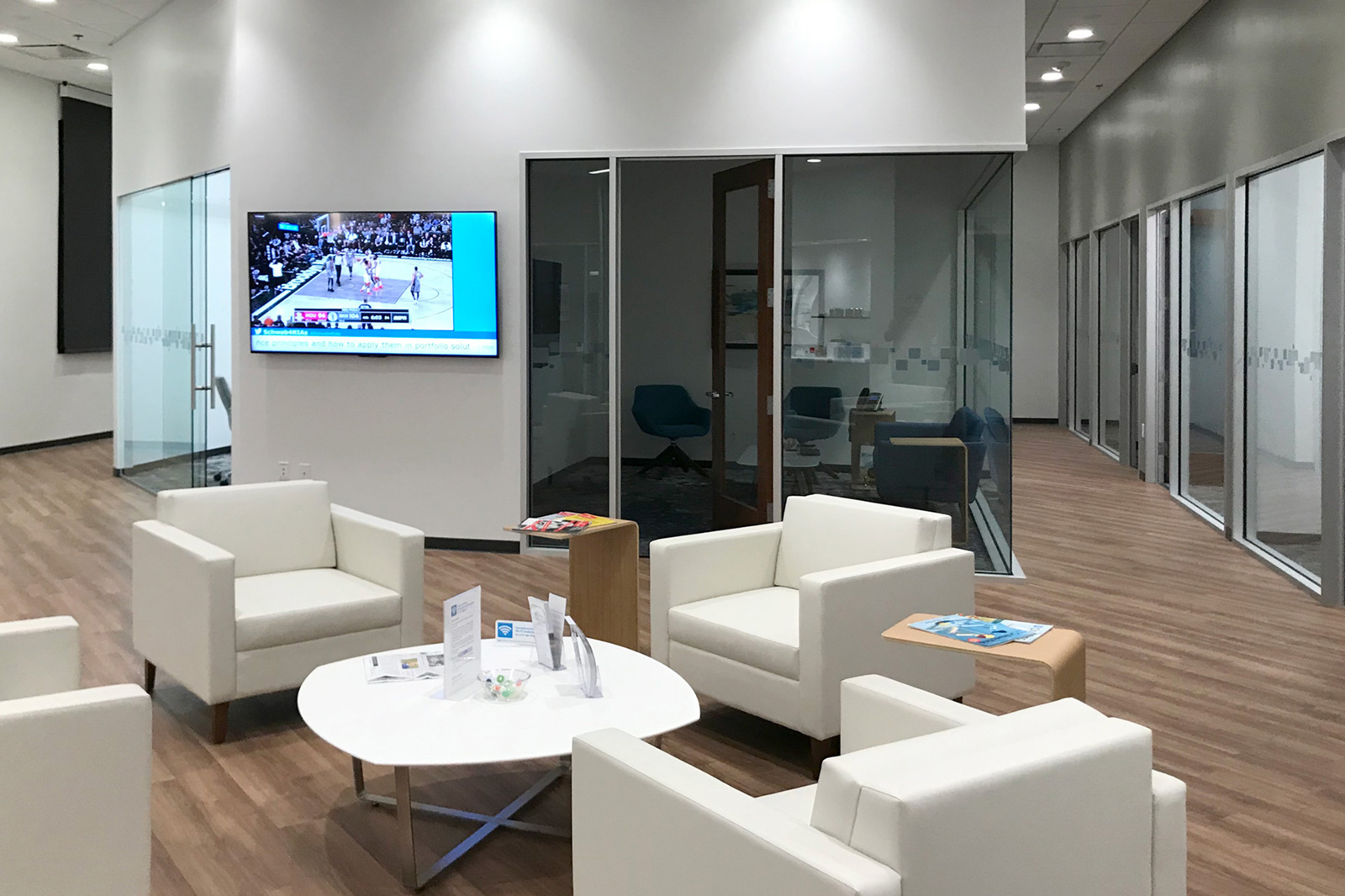 Lounge area with glass partitions