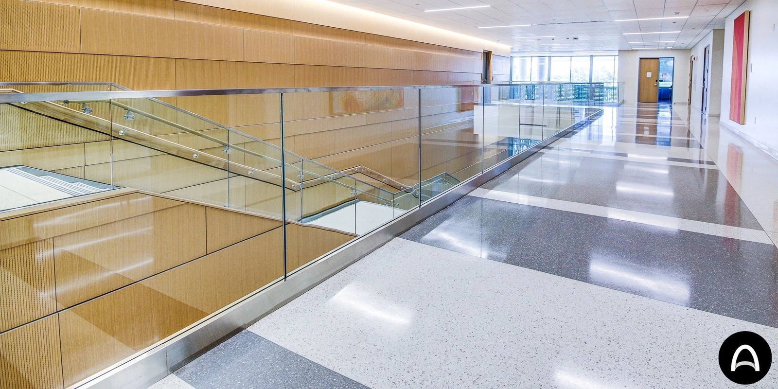 University glass railing from different angle